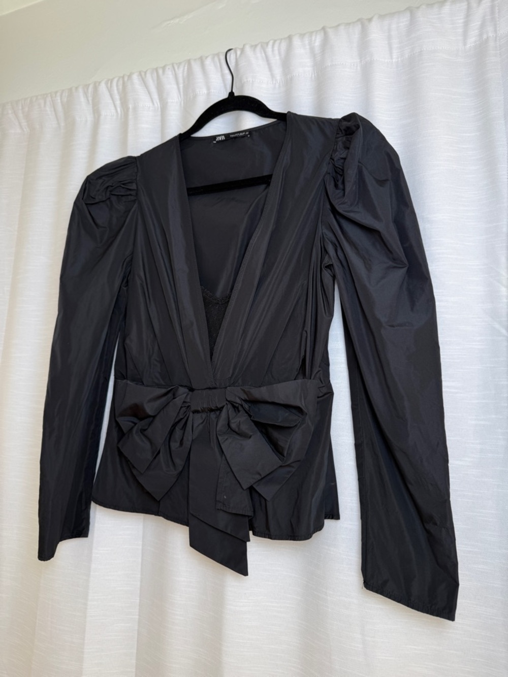 Zara Black Structured Bow Peplum Top Puff Sleeve Deep V Blouse Dressy | Size S - Picture 5 of 11
